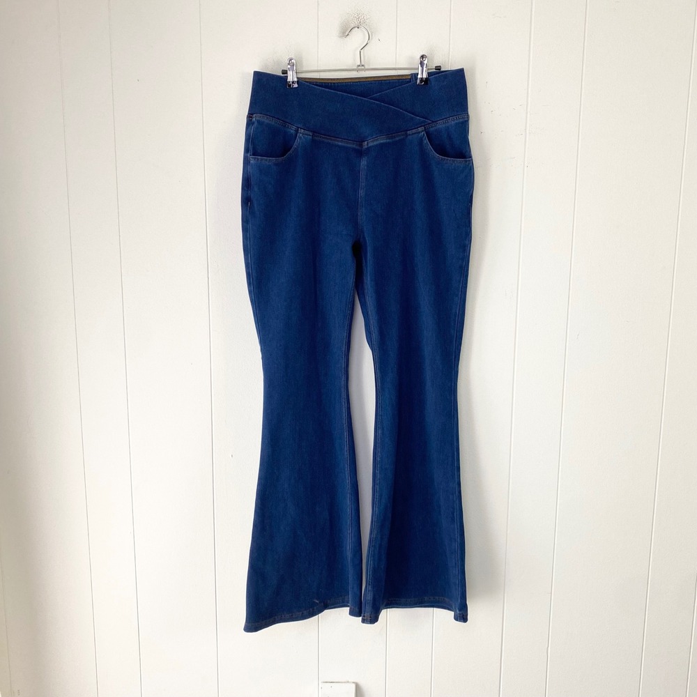 Blue Crossover High Waist Flare Jeans Pull On Denim Pants Sz 14-20 (32"-38")